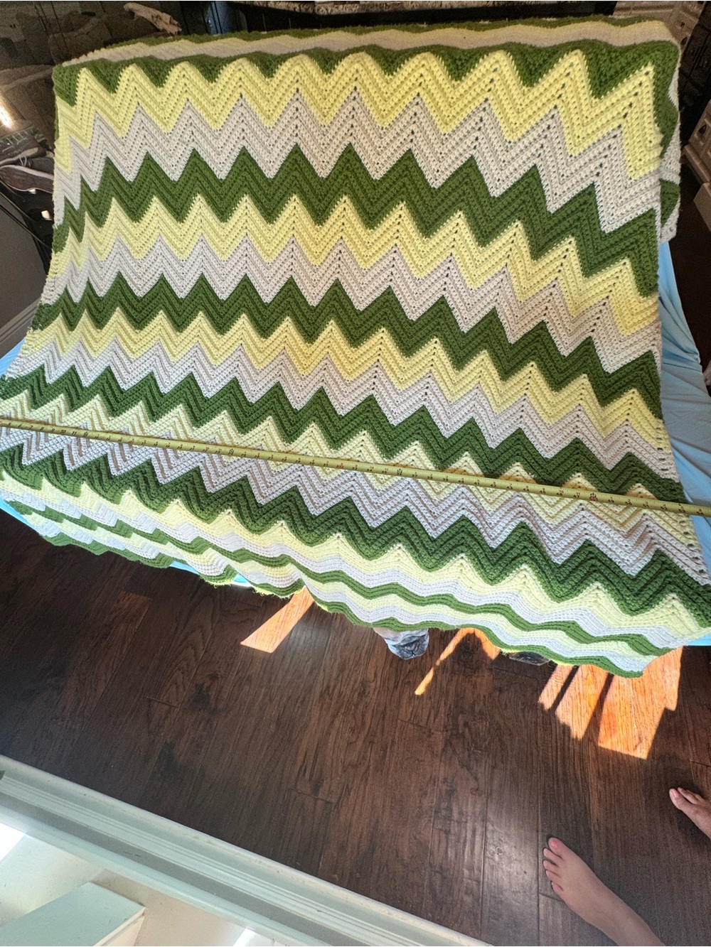 Vintage Handmade Crocheted Afghan Blanket 74”x 32” green, yellow, cream chevron